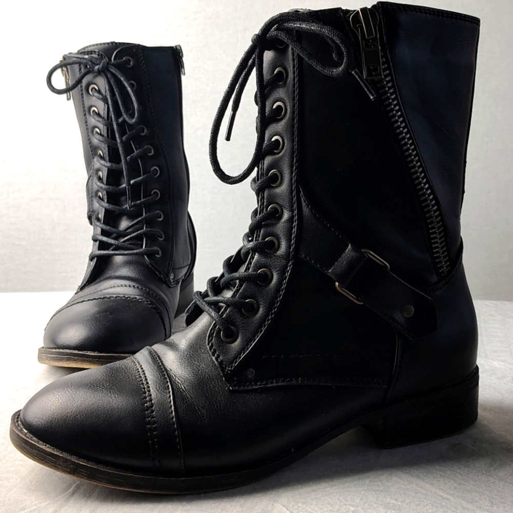 Rampage Ram Jedi Black Side Detail Zipper Moto Boots Sz 9 Women’s Buckle Lace-Up